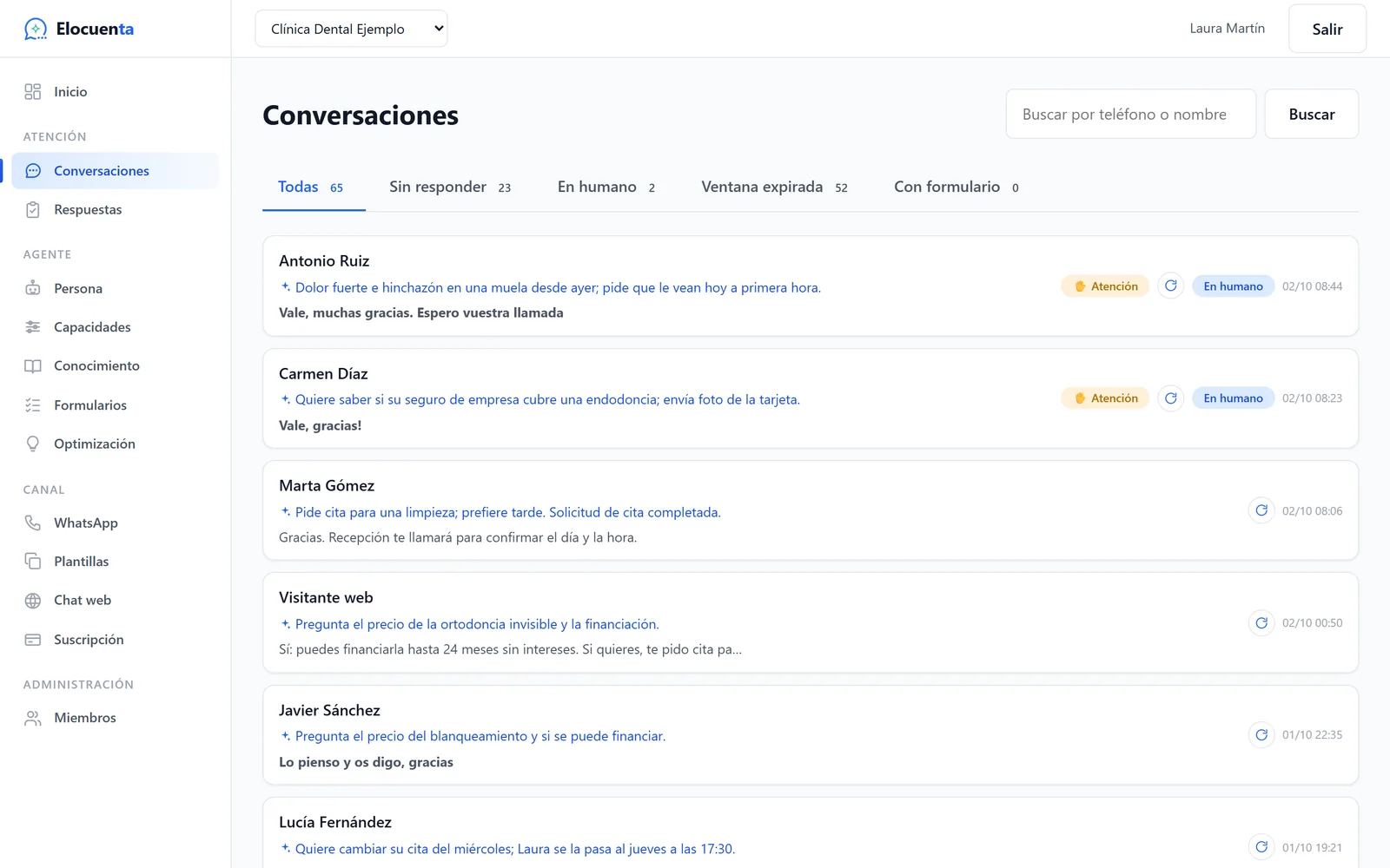 Bandeja de conversaciones de Elocuenta con una clínica dental de ejemplo: cada conversación con su resumen automático y las que esperan a una persona marcadas con Atención y En humano